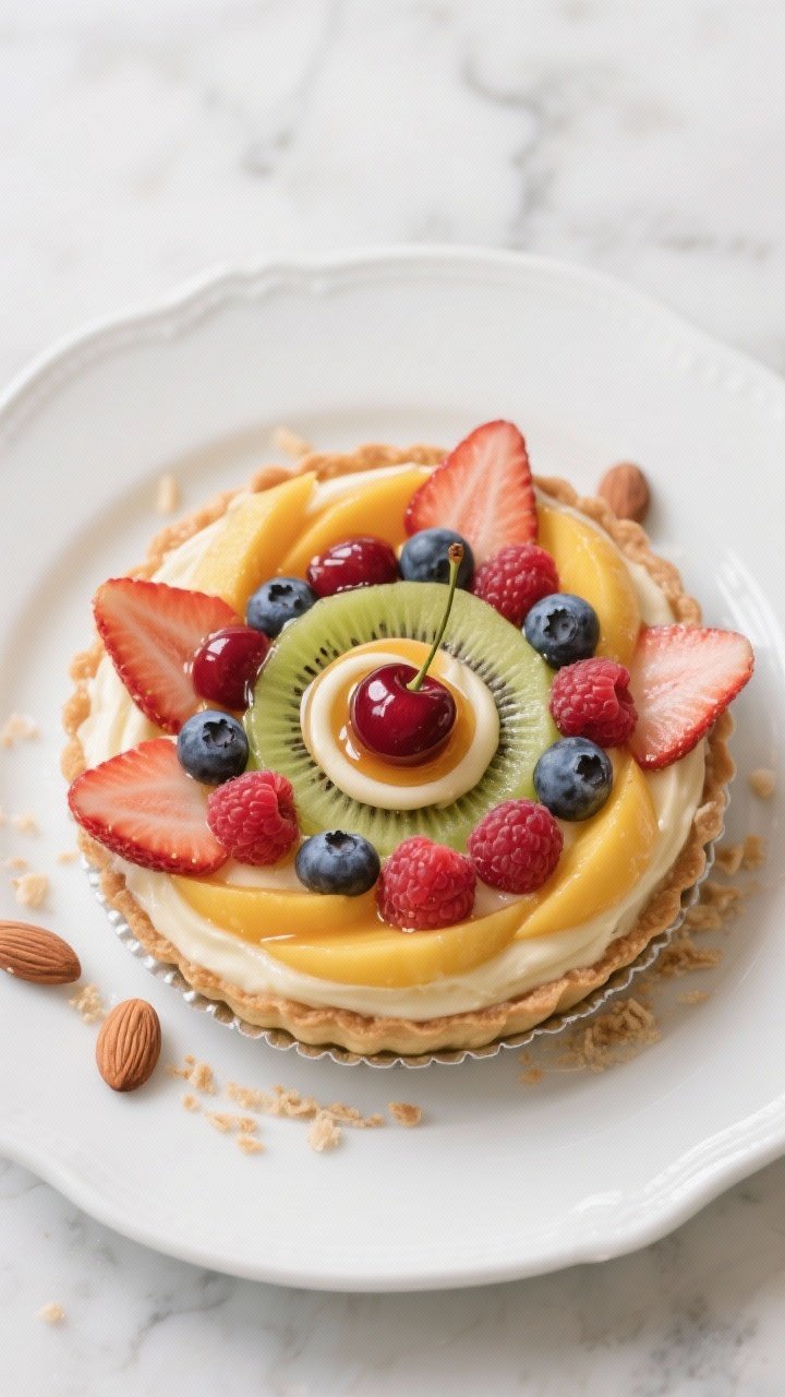 Final dish, tasty top view: Overhead shot of a Classic French Fruit Tart filled with silky vanilla p