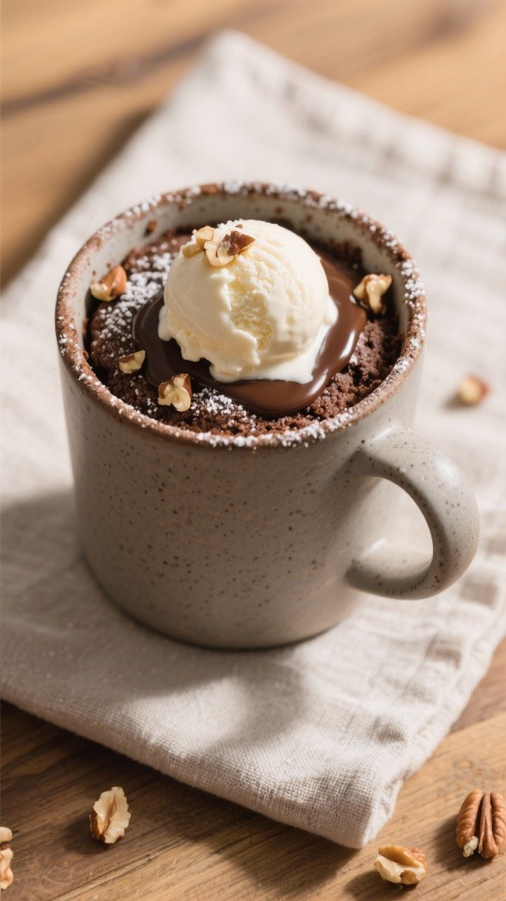 Final dish, tasty top view: Overhead shot of a fully prepared chocolate mug cake served warm in a ma