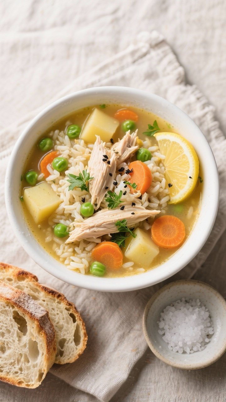 Final dish, tasty top view: Overhead shot of a generously filled white soup bowl of Crockpot Chicken