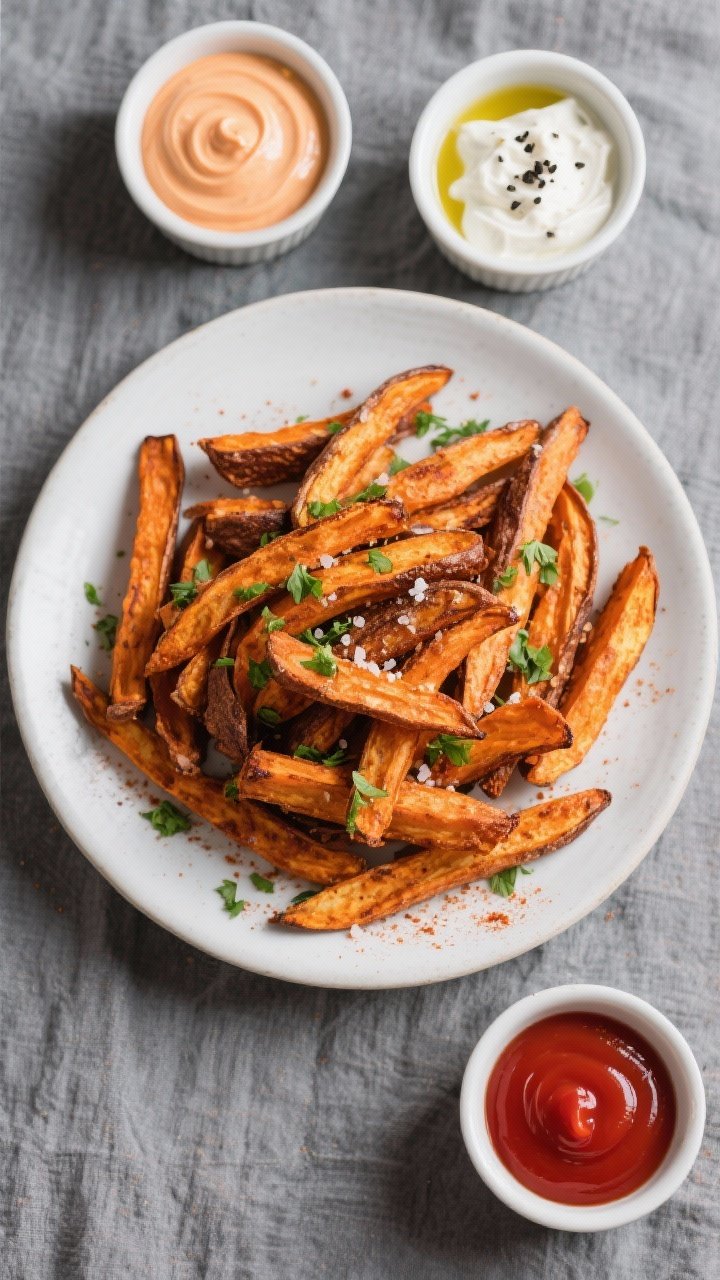 Final dish, tasty top view: Overhead shot of a heaping plate of crispy sweet potato oven fries with 