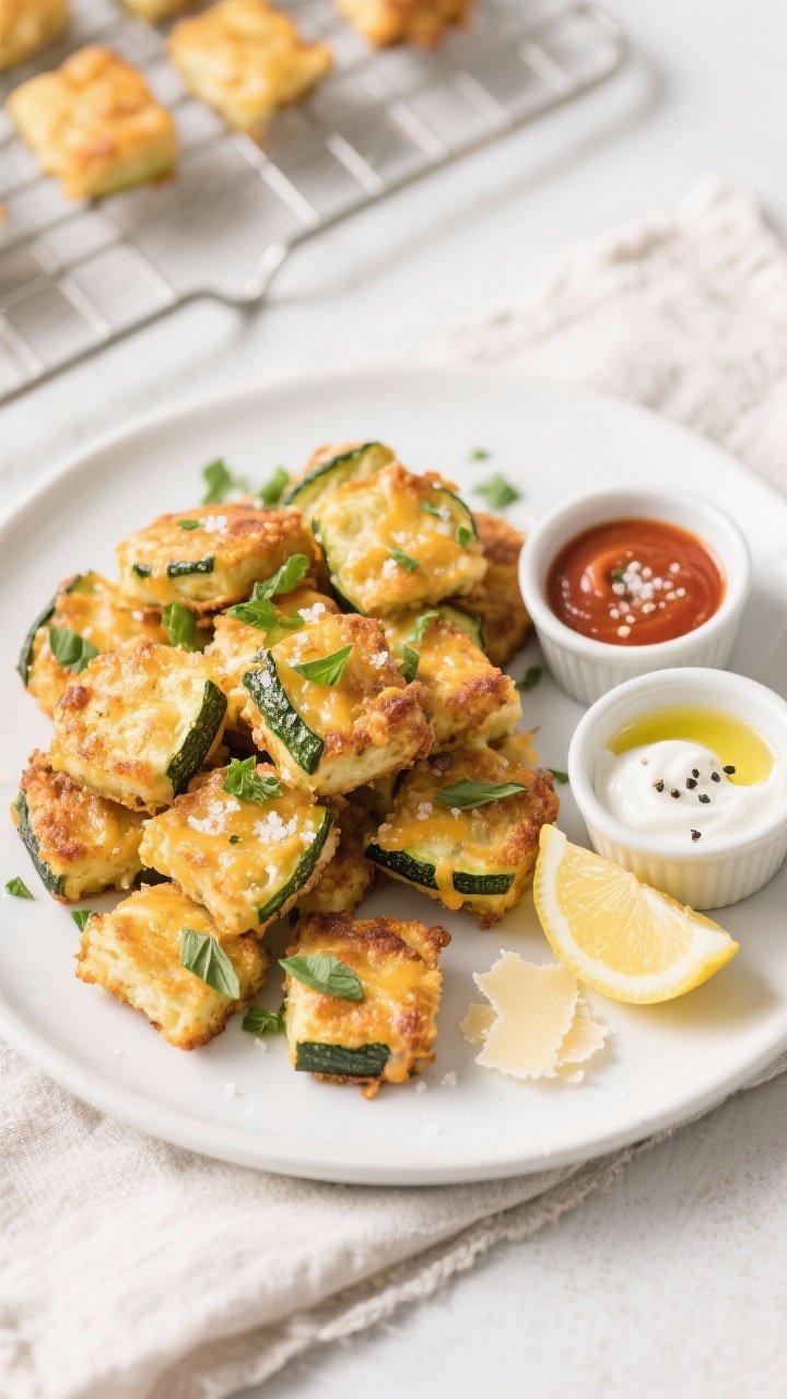 Final dish, tasty top view: Overhead shot of a matte white plate piled with golden-brown cheesy zucc