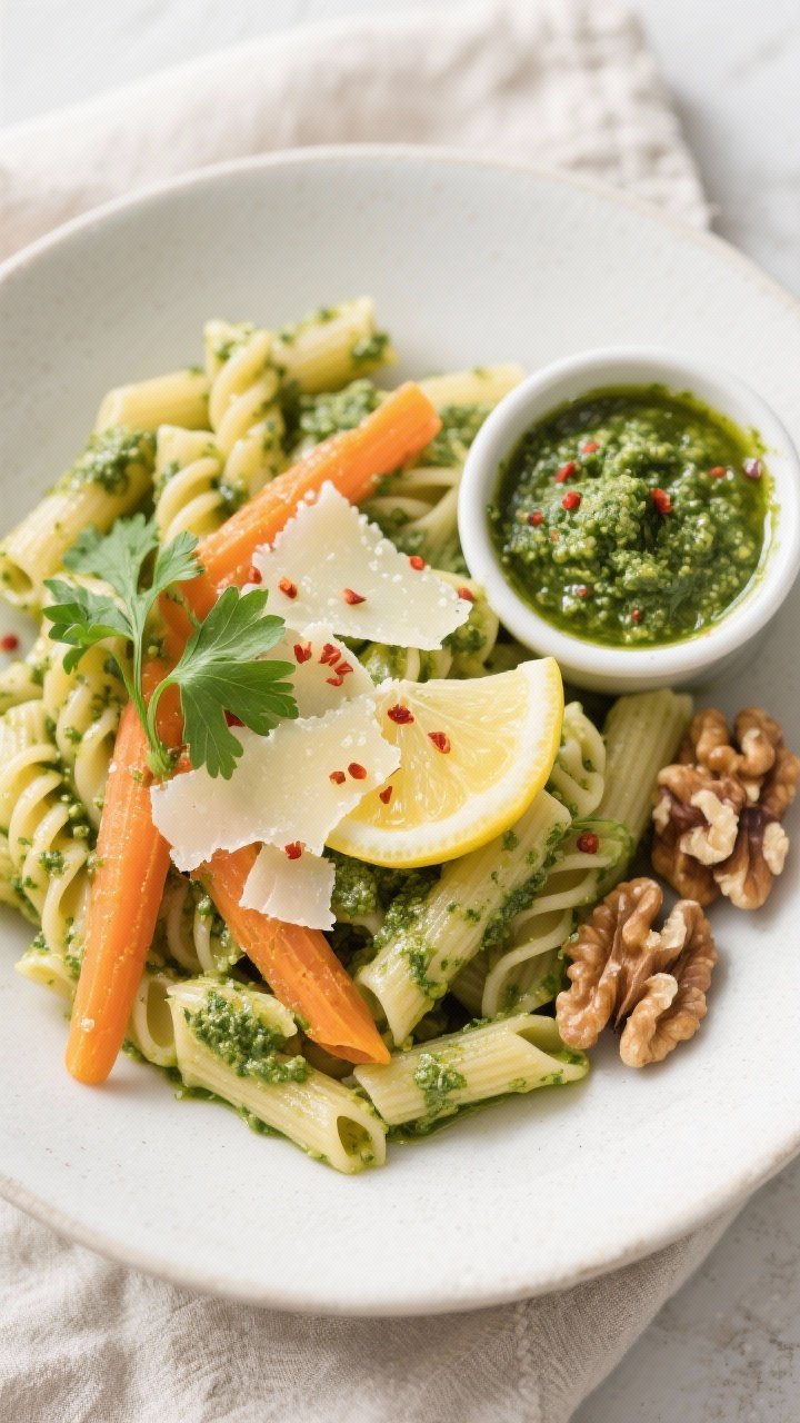 Final dish, tasty top view: Overhead shot of al dente gemelli pasta tossed in bright carrot greens p