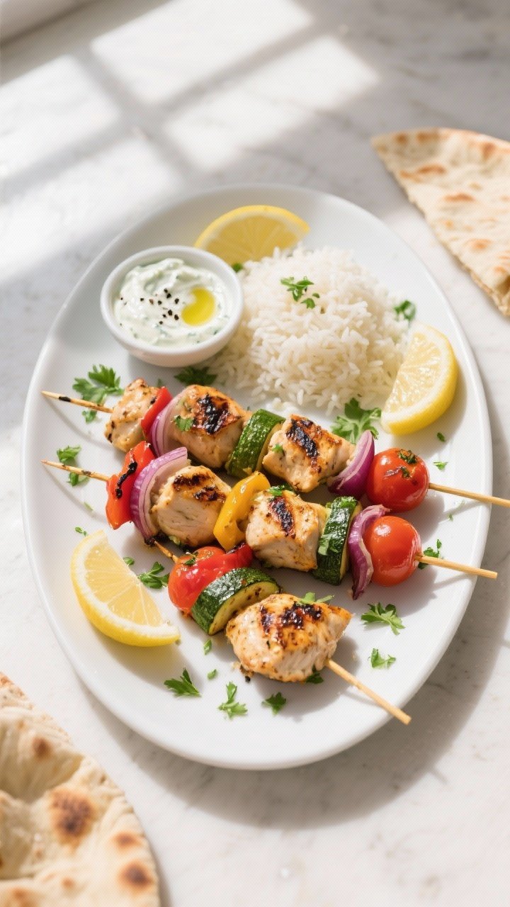 Final dish, tasty top view: Overhead shot of beautifully plated grilled chicken skewers with veggies
