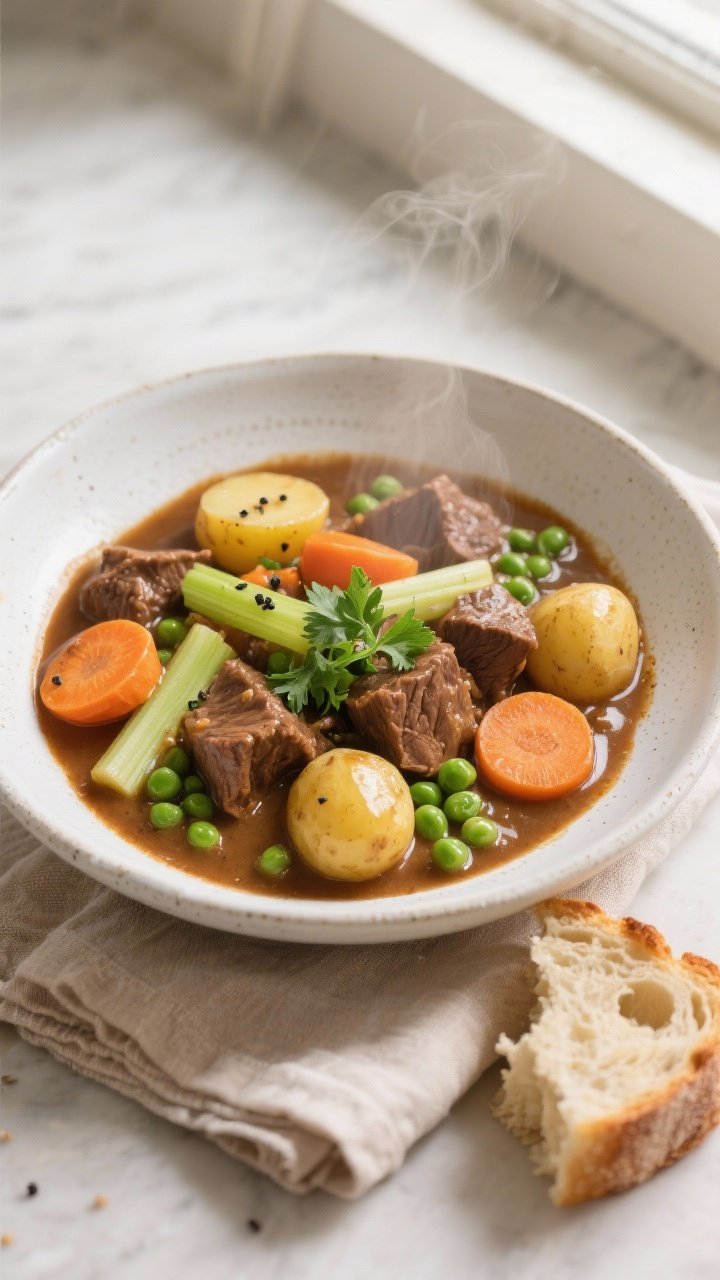 Final dish, tasty top view: Overhead shot of classic crock pot beef stew in a wide, rustic white bow