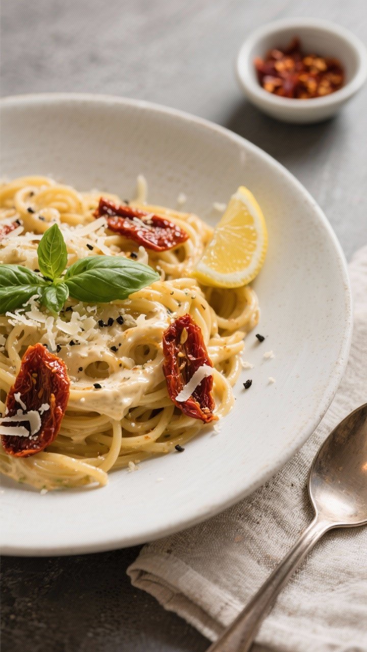 Final dish, tasty top view: Overhead shot of Creamy Mascarpone & Sundried Tomato Pasta plated in a w