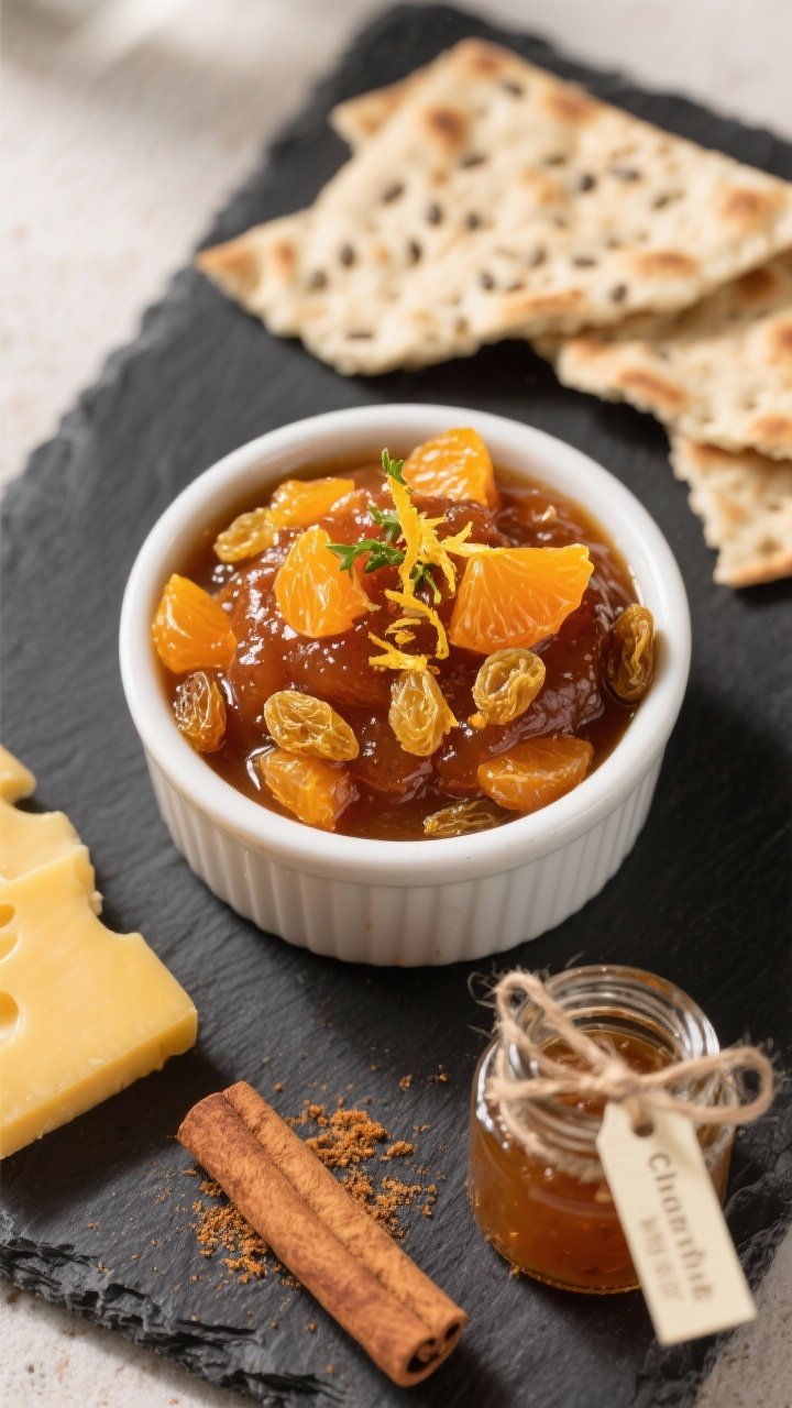 Final dish, tasty top view: Overhead shot of Orange & Ginger Chutney served in a small matte white r