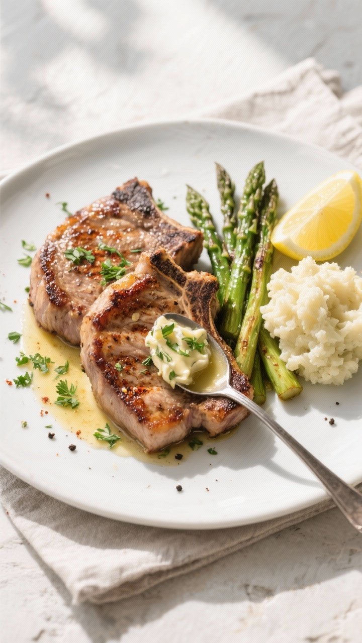 Final dish, tasty top view: Overhead shot of plated Keto Garlic Butter Pork Chops on a matte white p