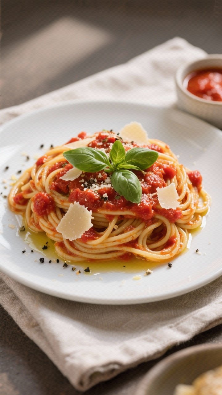 Final dish, tasty top view: Overhead shot of spaghetti twirled into neat nests, generously coated wi