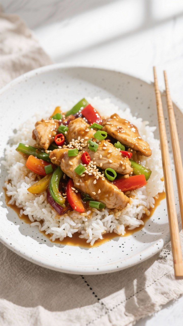 Final dish, top-down presentation: Overhead shot of Weeknight Chicken Stir-Fry served on a wide whit