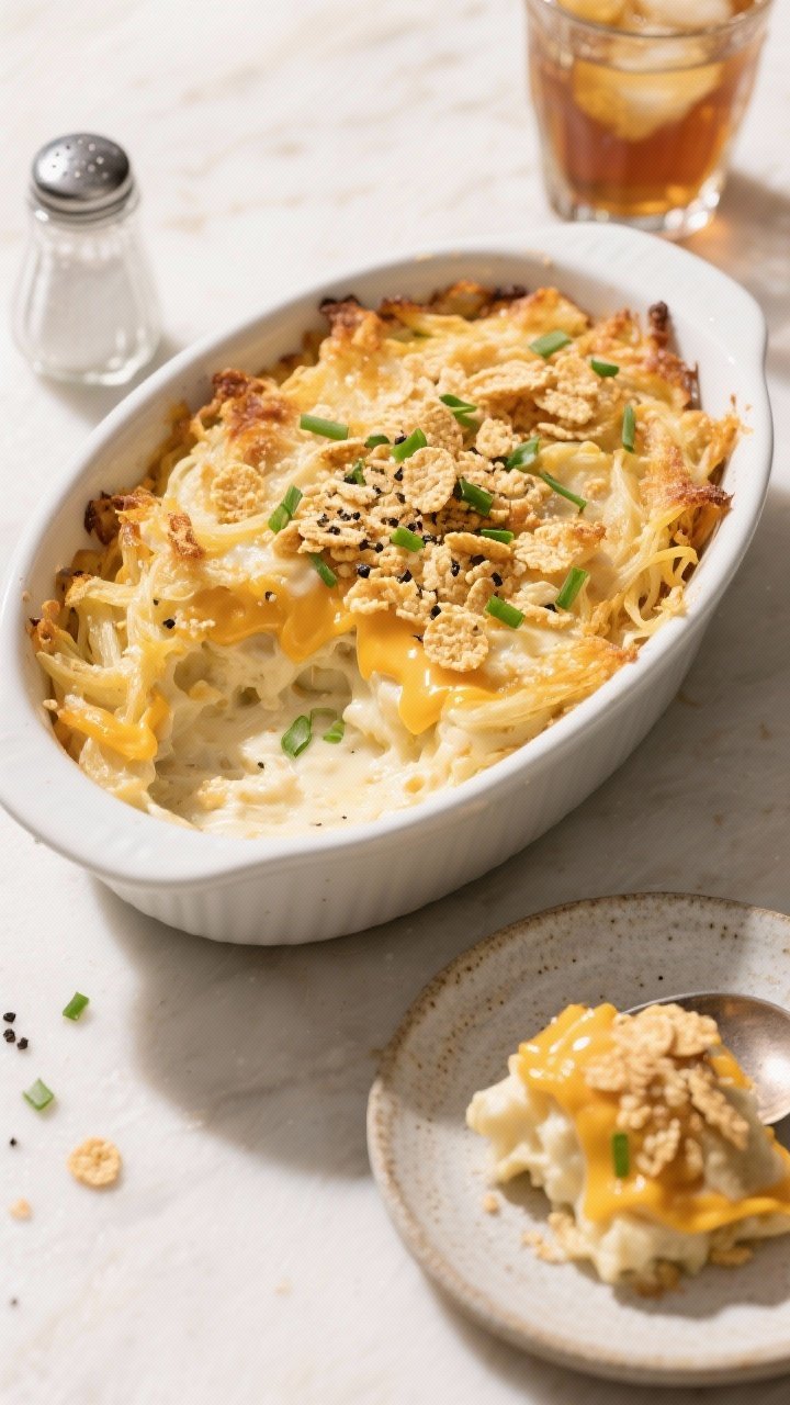 Final dish, top-down serving scene: Overhead shot of the finished Crockpot Cheesy Hashbrown Side Dis