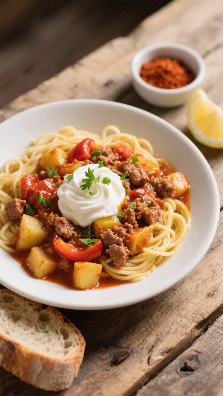 Final dish, top view: Overhead shot of a generous bowl of Minced Pork & Paprika Goulash ladled over 