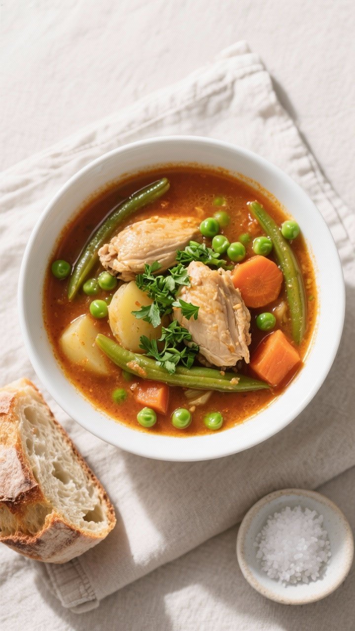 Final dish, top view: Overhead shot of a generously filled white soup bowl of slow cooker chicken st