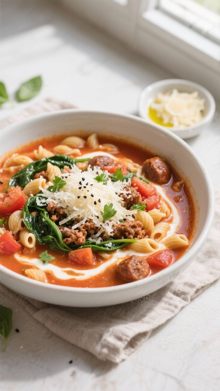 Final dish, top view: Overhead shot of a hearty bowl of Sausage Pasta Soup—ditalini pasta nestled 
