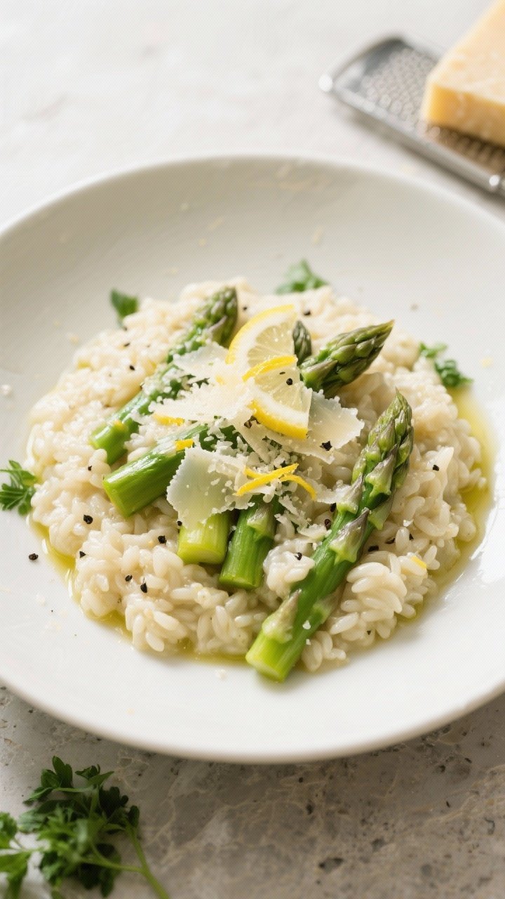 Final dish, top view: Overhead shot of creamy asparagus risotto plated in a warm white shallow bowl,