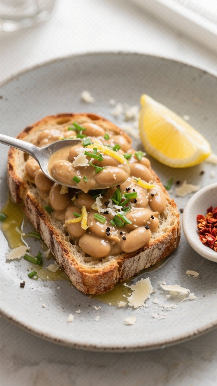 Final dish, top view: Overhead shot of creamy miso butter beans spooned onto thick, crusty sourdough