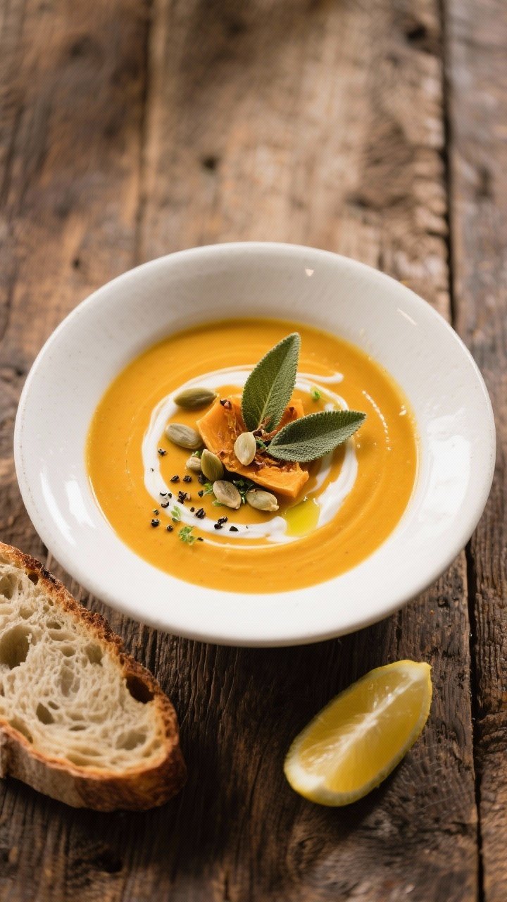 Final dish top view: Overhead shot of creamy pumpkin soup plated in a matte white shallow bowl; eleg