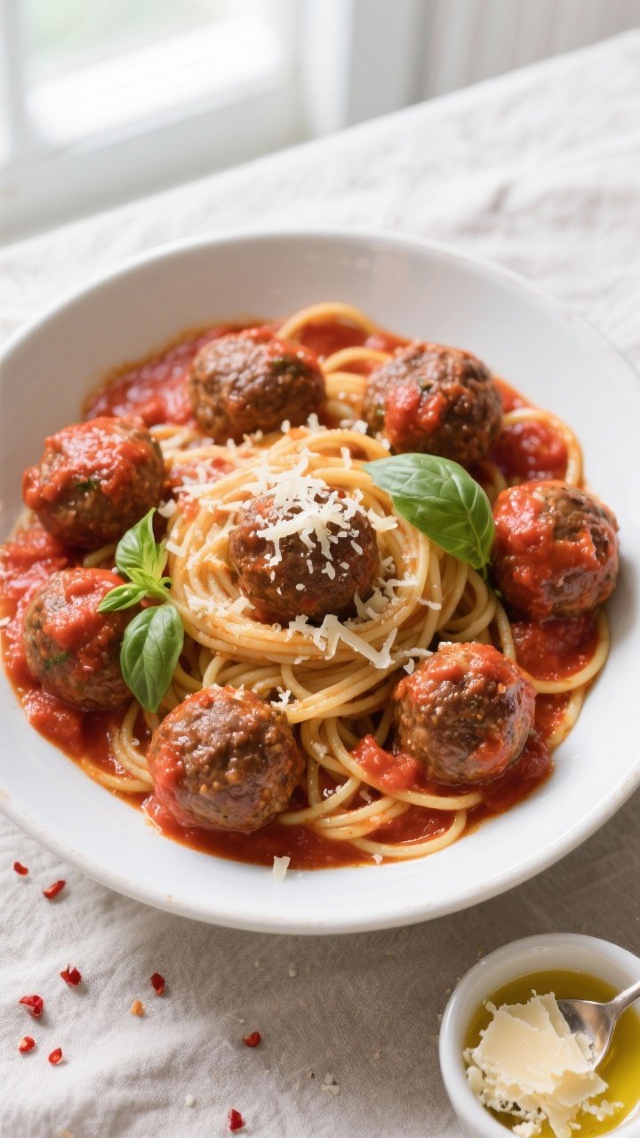 Final dish top view: Overhead shot of spaghetti with classic meatball marinara, 6–8 glossy meatbal