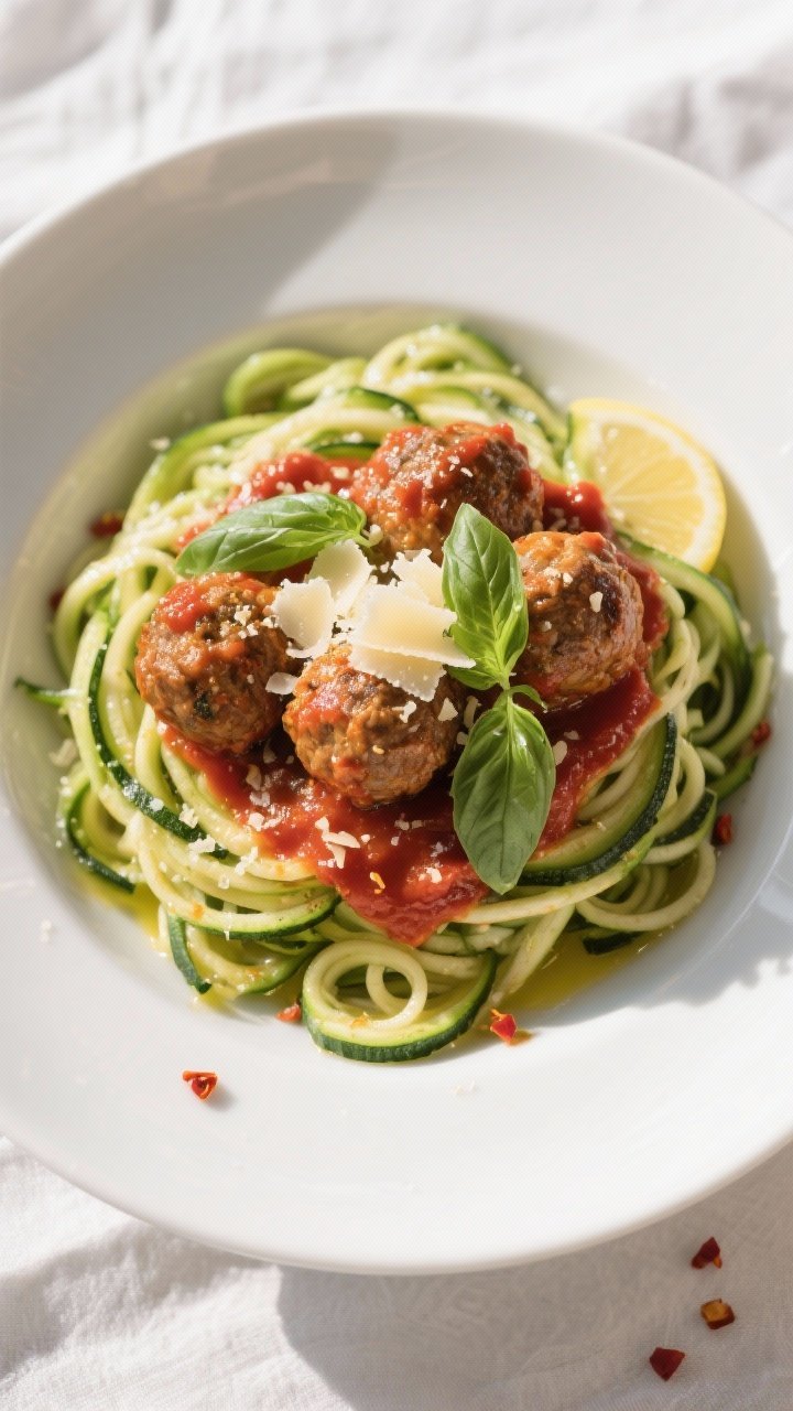 Final dish, top view: Overhead shot of zucchini noodles twirled into a nest in a wide white bowl, to
