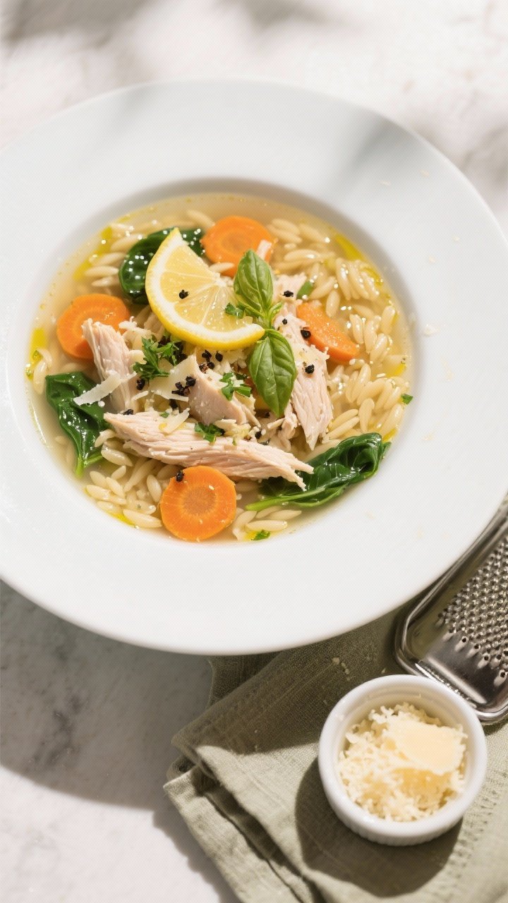 Final plated beauty shot: A white, wide-rimmed bowl of Italian Chicken Orzo Soup, restaurant-quality