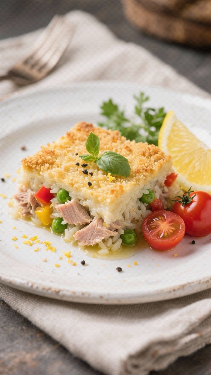 Final plated, close-up detail: Close-up of a neatly cut square of the tuna and rice casserole on a w
