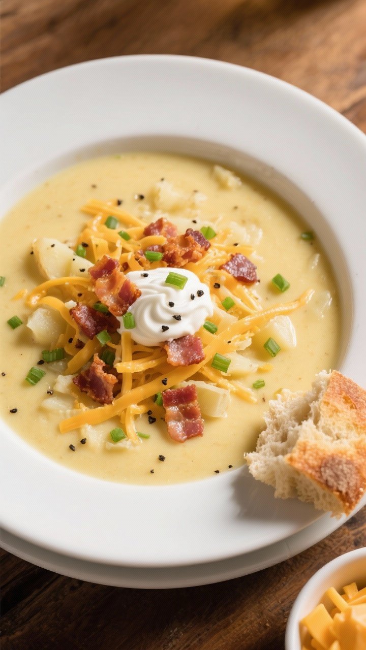 Final plated overhead: A hearty bowl of creamy hashbrown potato soup, garnished generously with shre