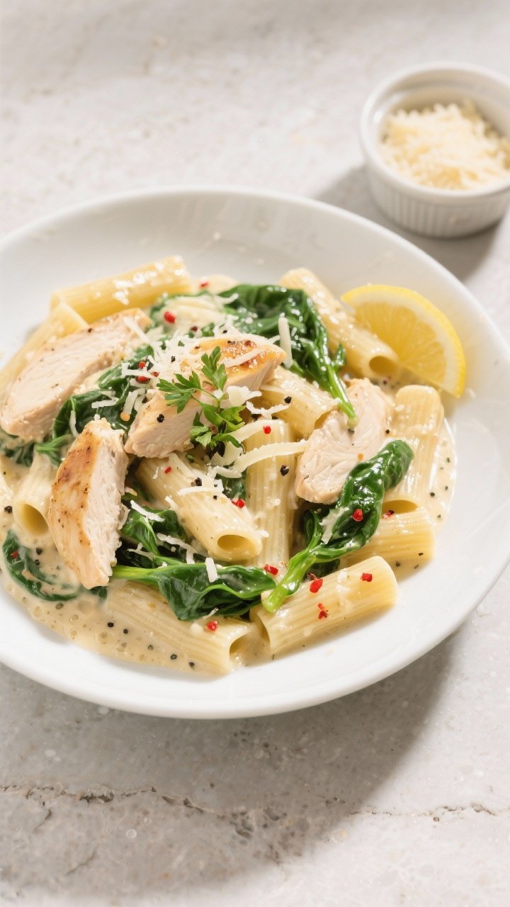 Final plated overhead: A top-down, restaurant-style shot of Creamy Chicken Florentine Pasta—rigato