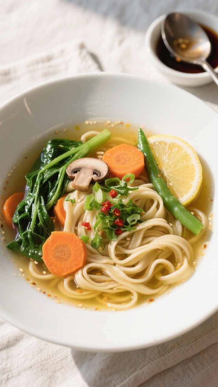 Final plated overhead: Beautifully plated egg noodle soup with vegetables in a wide white bowl, show