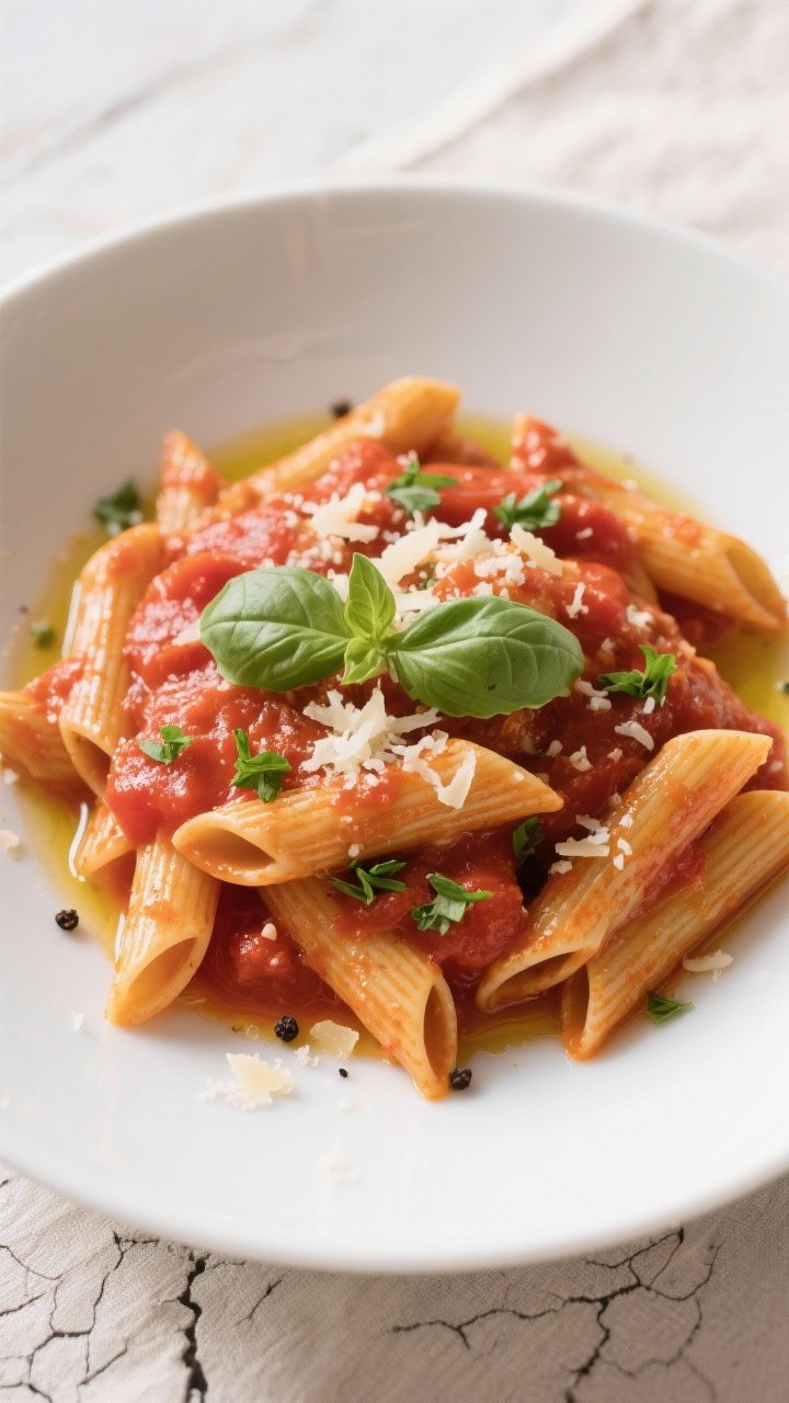 Final plated overhead: Classic Penne Arrabiata fully sauced and glossy, tubes coated and clinging wi