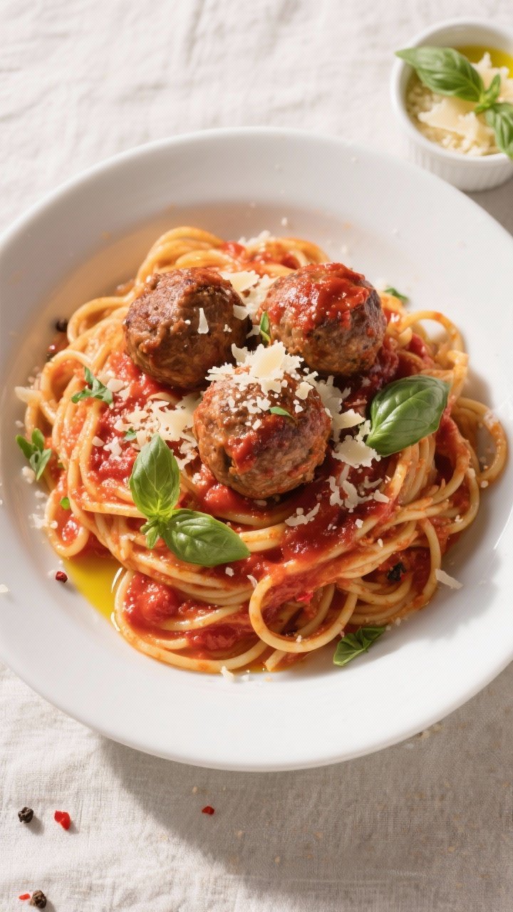 Final plated overhead: Restaurant-quality spaghetti and meatballs, of al dente spaghetti lightly coa