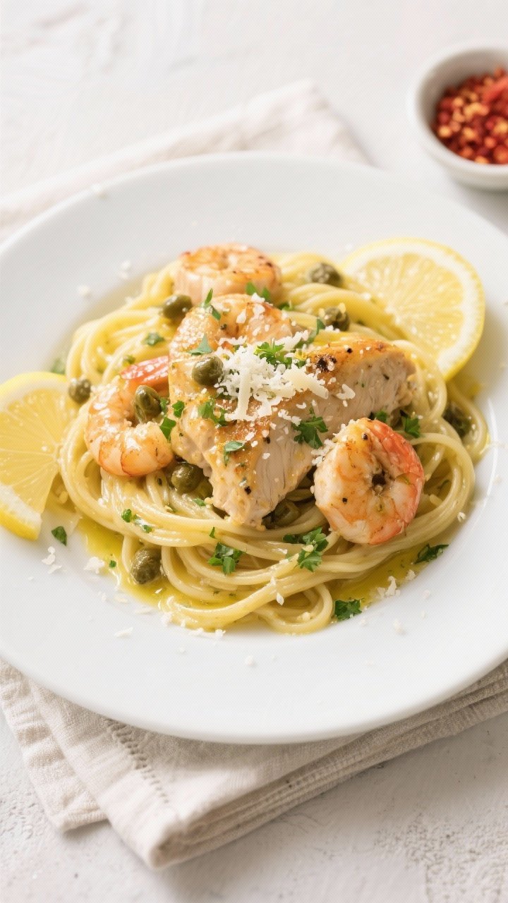 Final plated overhead: Restaurant-style chicken scampi over twirled linguine, evenly coated in silky