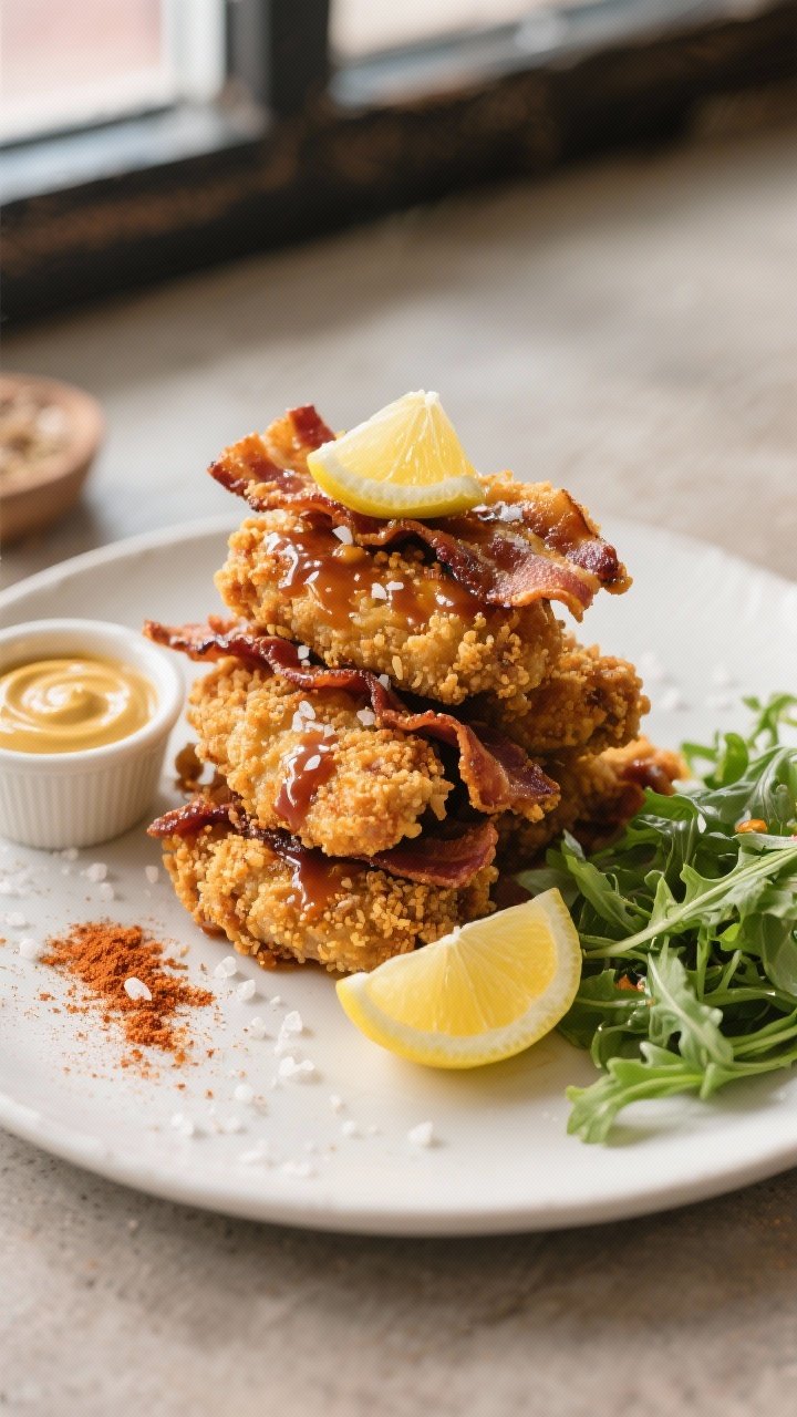 Final plated/overhead shot: Beautiful top-down presentation of crispy Bacon Brown Sugar Chicken Tend