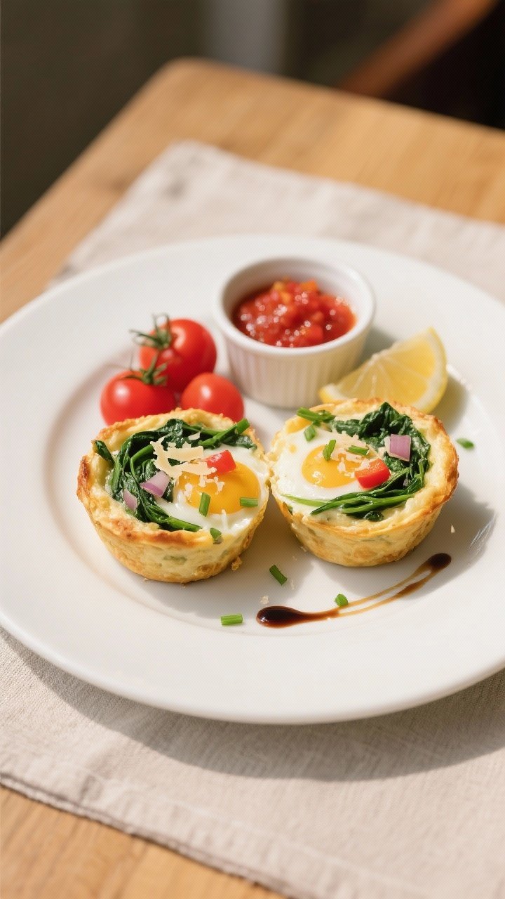 Final plated overhead shot: Overhead, restaurant-quality presentation of two spinach & cheese egg mu