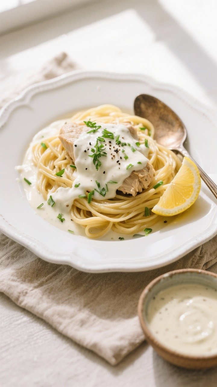 Final plated overhead: Slow Cooker Sour Cream Chicken spooned over buttered egg noodles on a wide, w