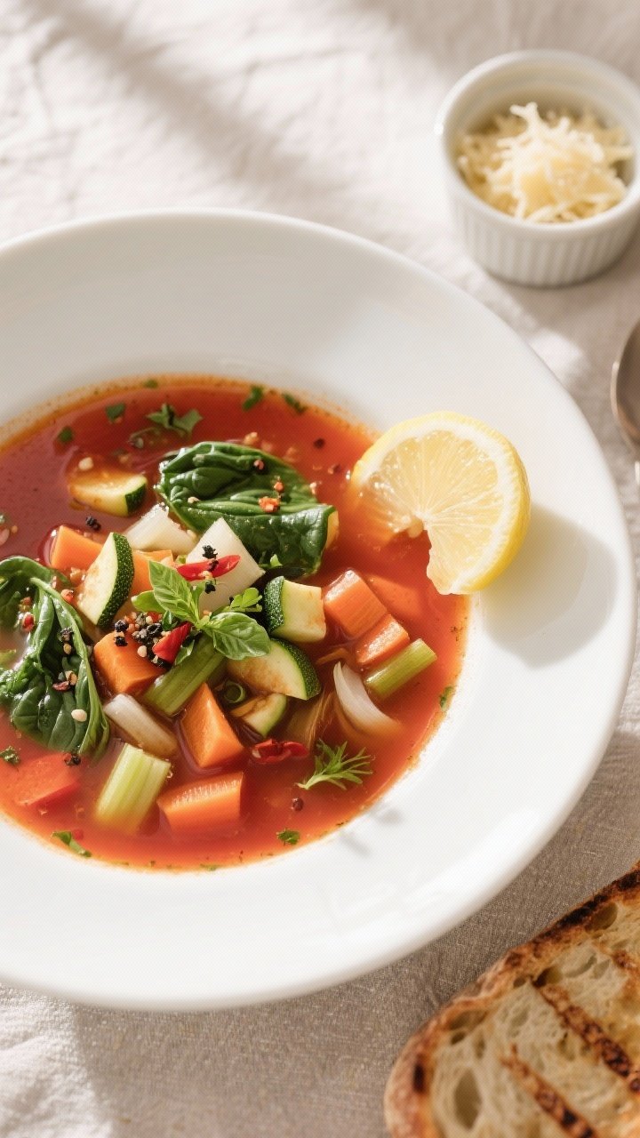 Final plated, overhead: Tasty of Zesty Tomato & Veggie Broth Soup served in a wide white bowl on a n