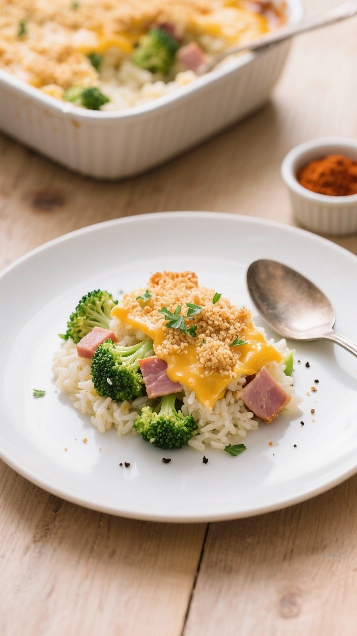 Final plated overhead: Tasty top-view of a neatly scooped portion of Ham and Broccoli Rice Casserole