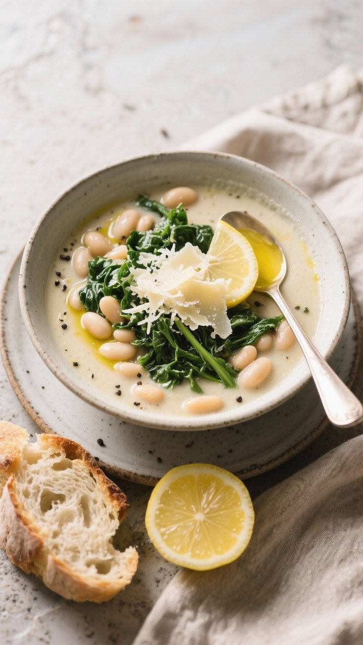 Final plated overhead: Top-down shot of a rustic bowl of Tuscan White Bean Soup, partially blended f