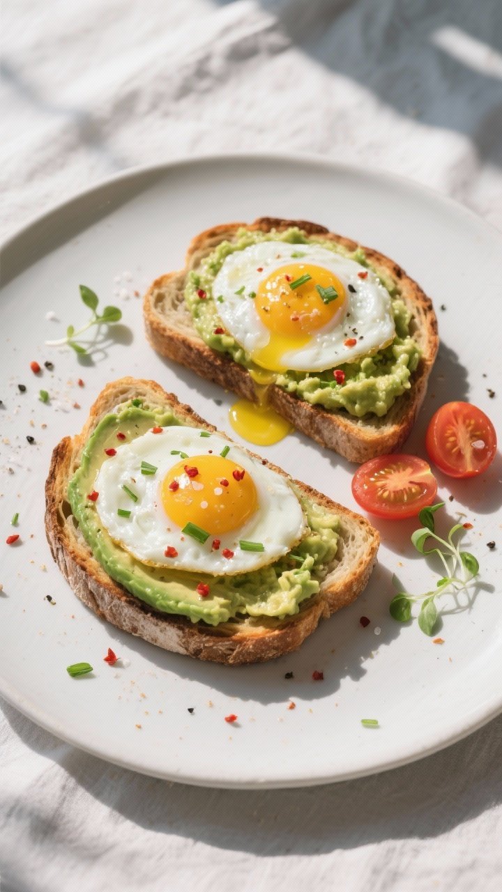 Final plated overhead: Two slices of avocado toast on a matte white plate—thick sourdough topped w