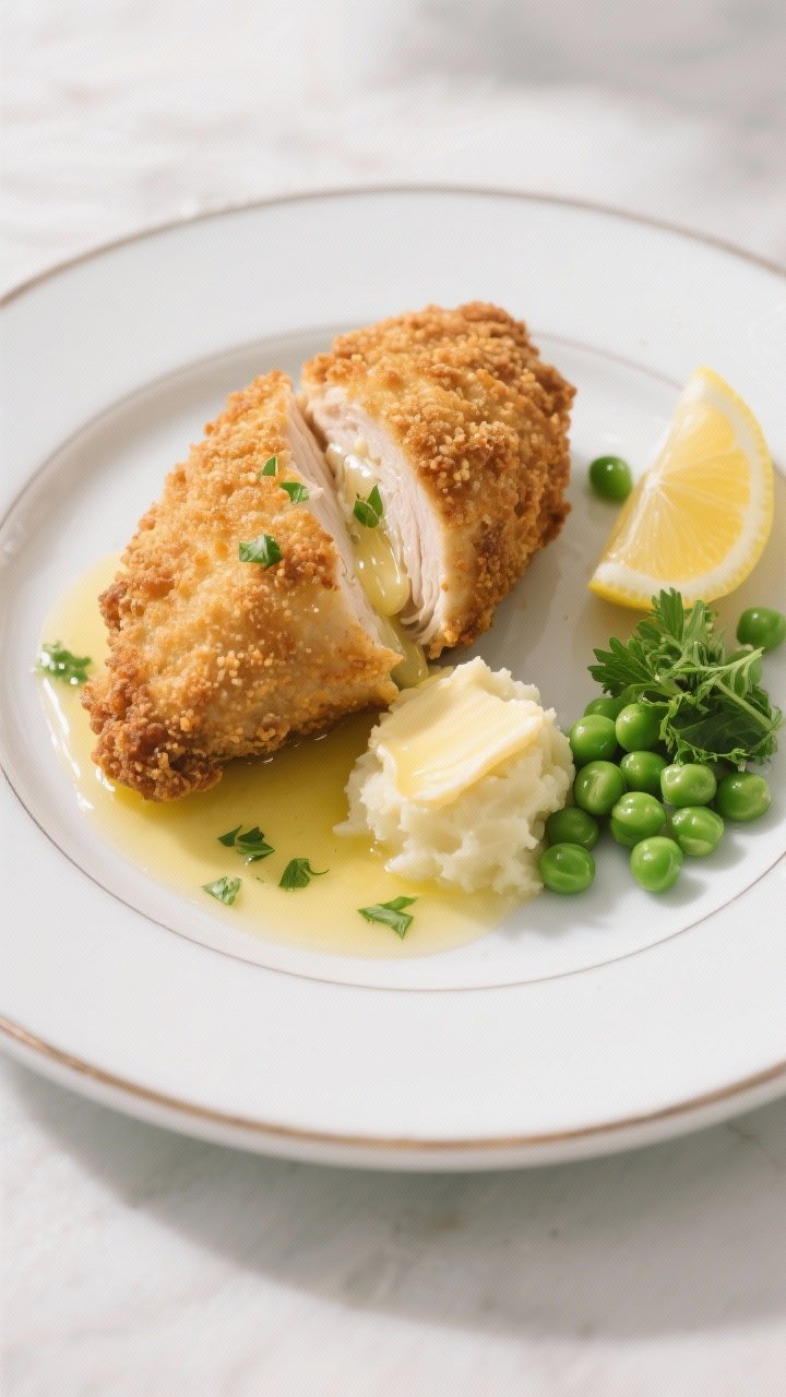 Final plated reveal: Classic Chicken Kiev sliced open to show a glossy stream of molten garlic-parsl