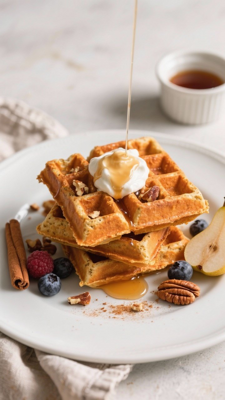 Final plated, tasty top view: Overhead shot of a stack of gluten-free pumpkin spice waffles on a mat