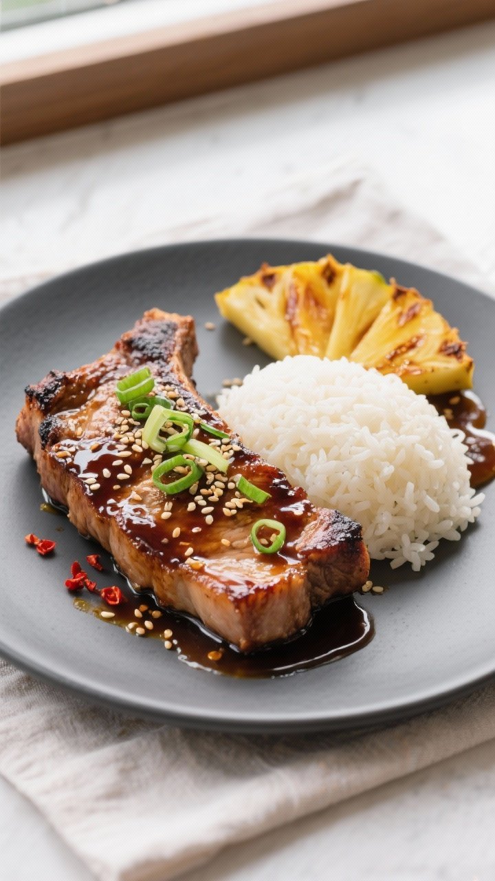 Final plated, tasty top view: Overhead shot of beautifully plated grilled teriyaki pork chops on a m