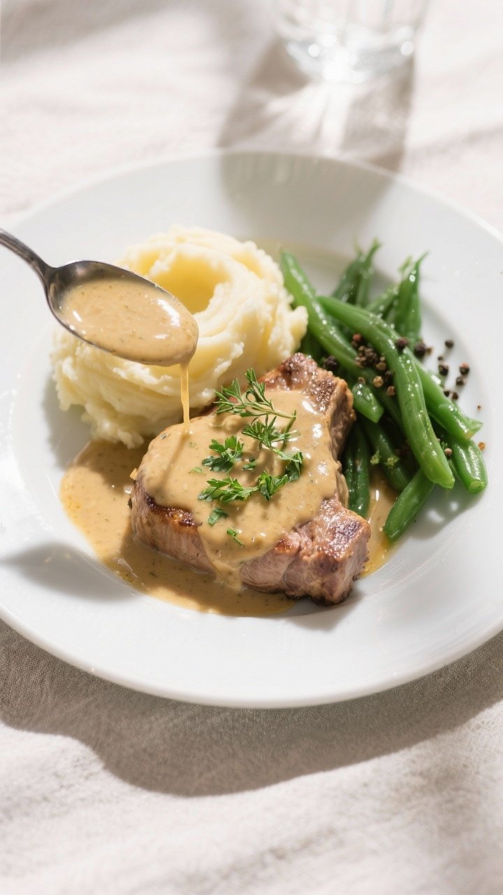 Final plated, tasty top view: Overhead shot of beautifully plated pork chops with Dijon cream sauce 