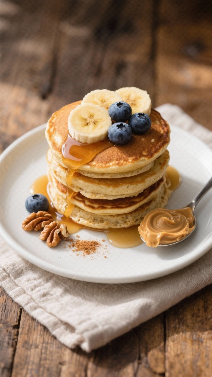 Final plated top view: Overhead shot of a neatly stacked tower of golden banana oatmeal pancakes on 