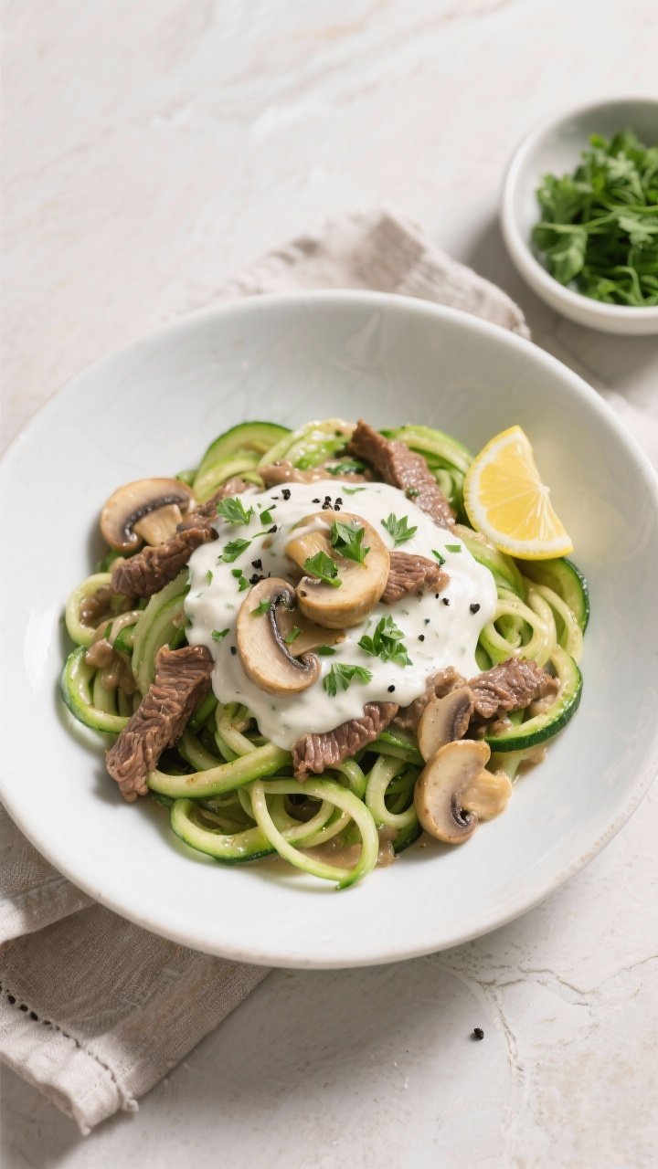Final plated, top view: Overhead shot of Low-Carb Beef Stroganoff with Zoodles—vibrant green zucch