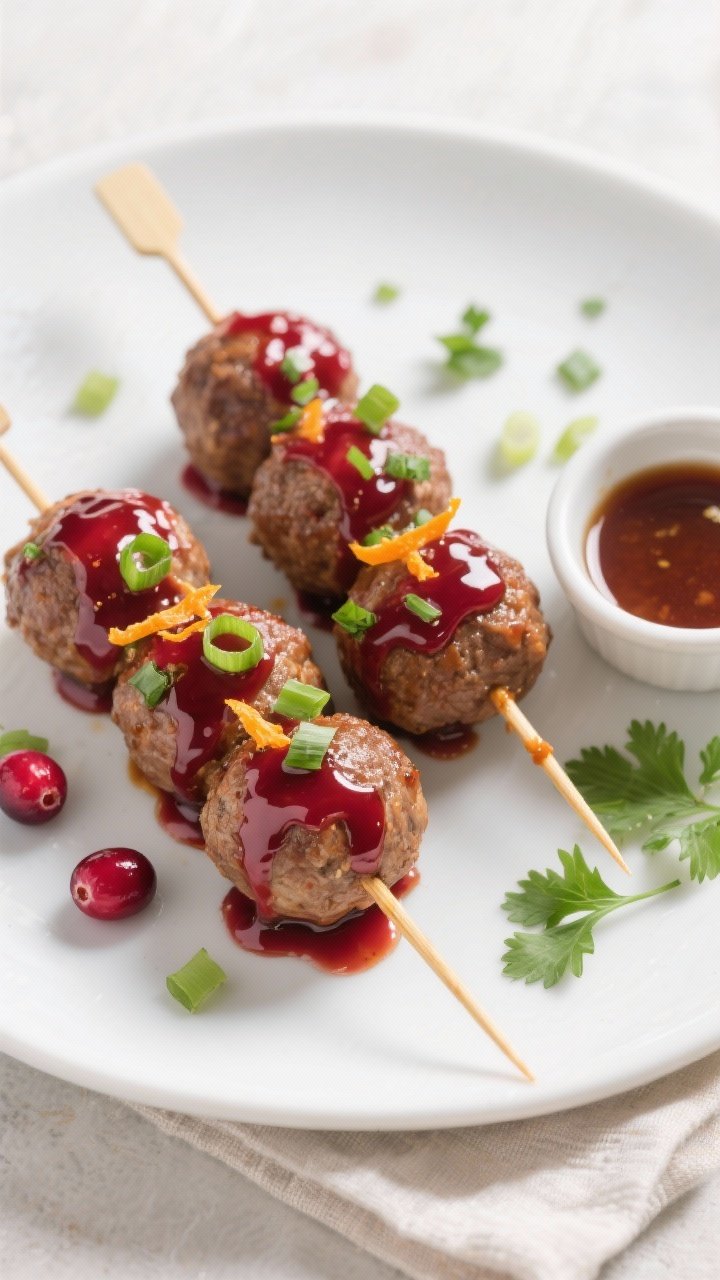 Final presentation overhead: Cranberry Meatball Skewers arranged on a matte white platter, showing 2