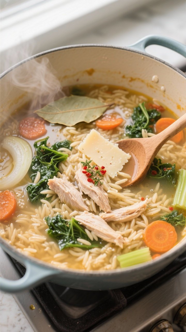 Overhead cooking process shot: A large Dutch oven at a gentle simmer filled with Italian chicken orz