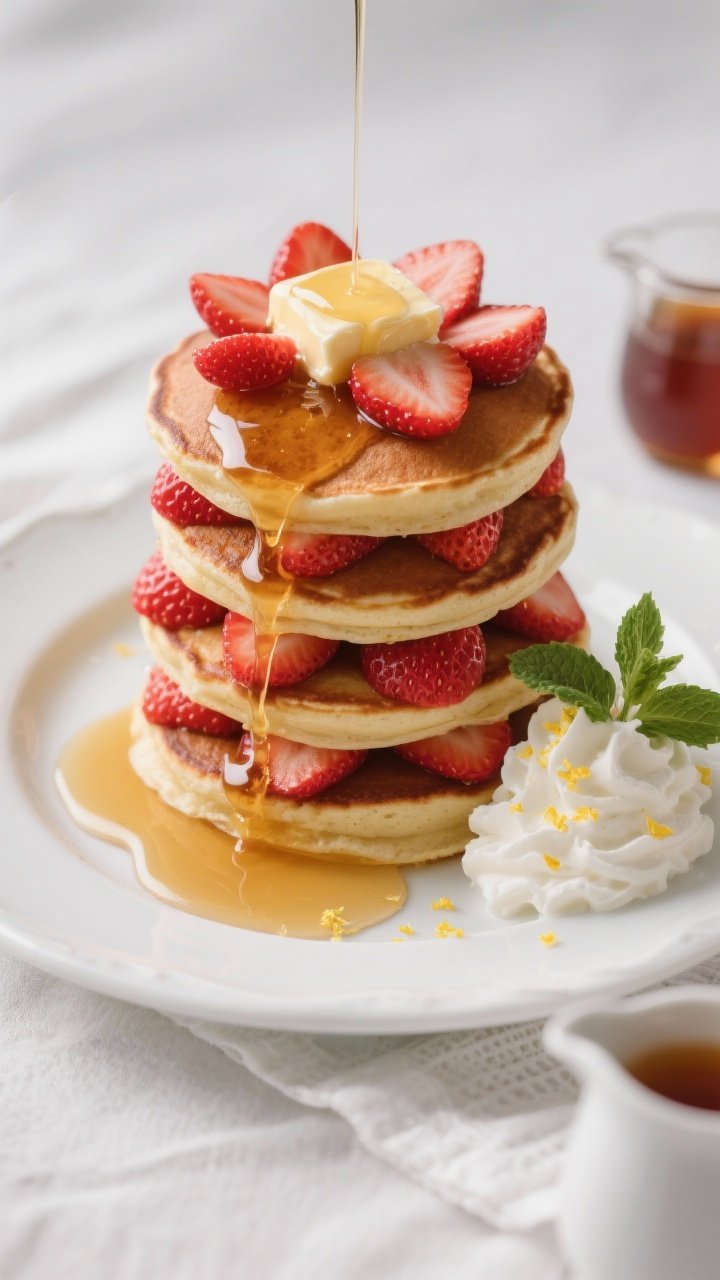 Overhead final presentation: a tall stack of strawberry pancakes on a white ceramic plate, topped wi