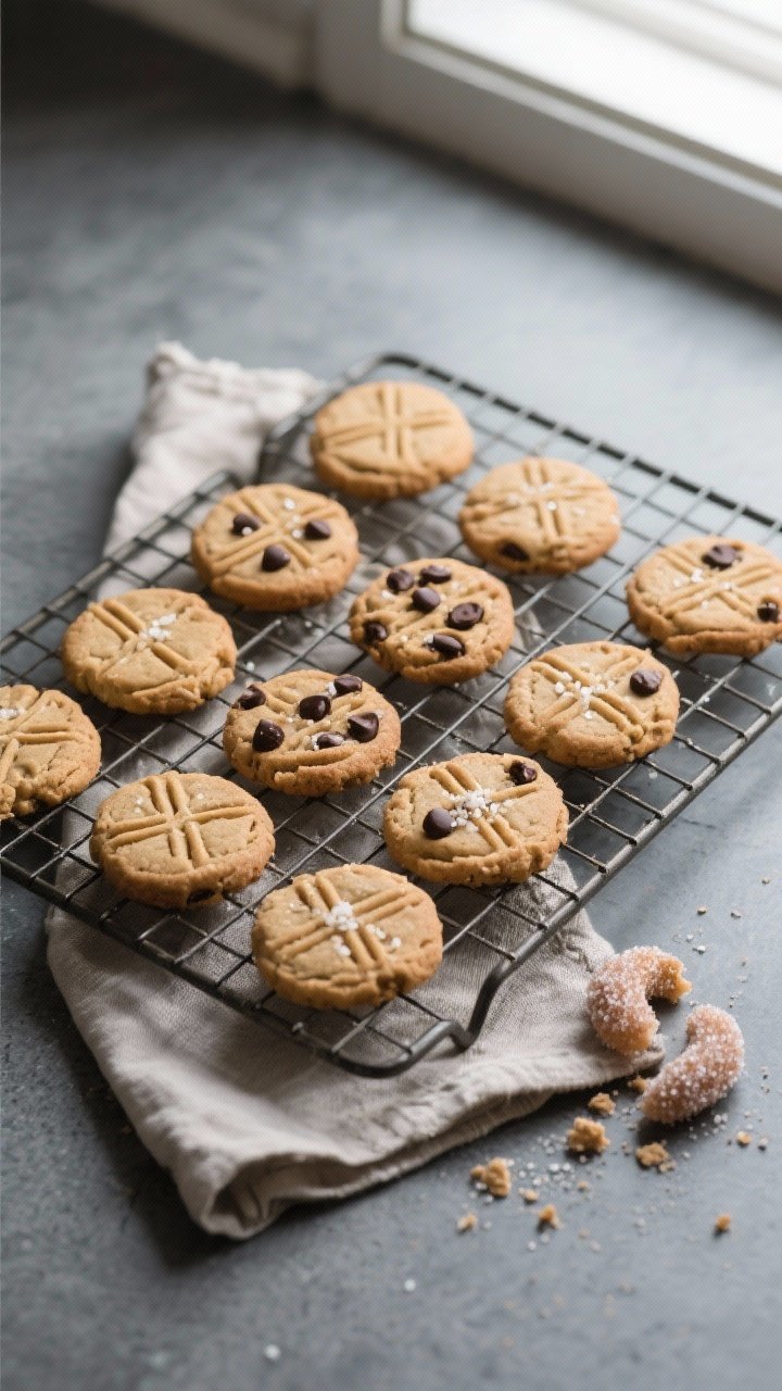 Overhead final presentation: A tidy grid of classic peanut butter cookies on a cooling rack over a m