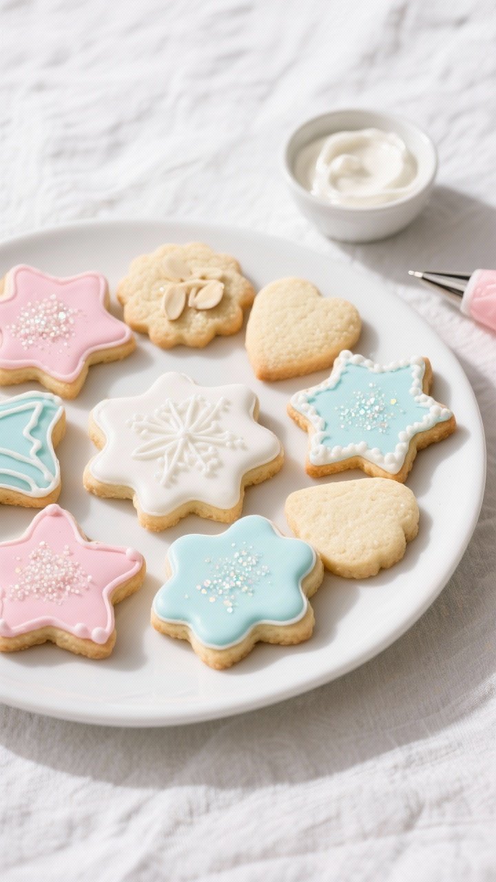 Overhead final presentation: an assorted platter of decorated classic cut-out sugar cookies on a mat