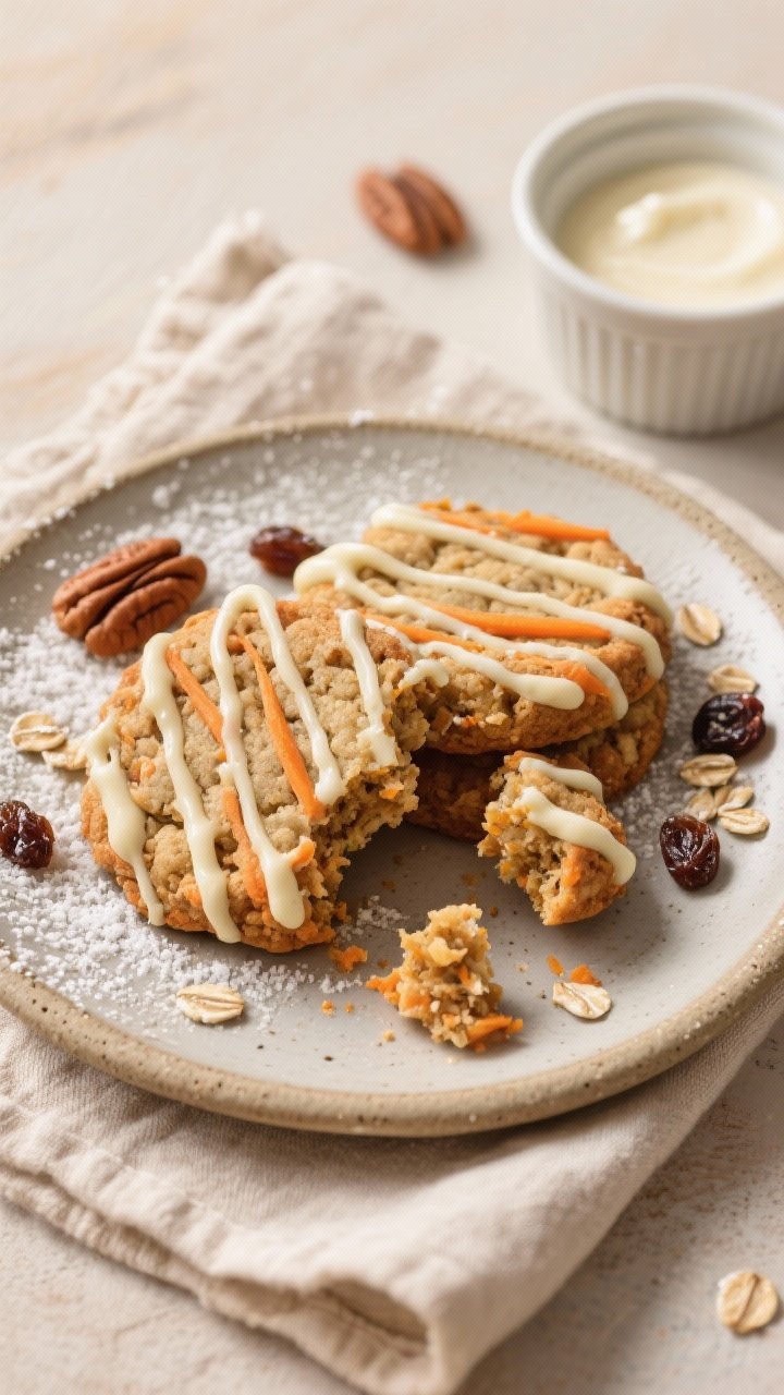 Overhead final presentation of a small plate of carrot cake cookies with cream cheese drizzle, neat 