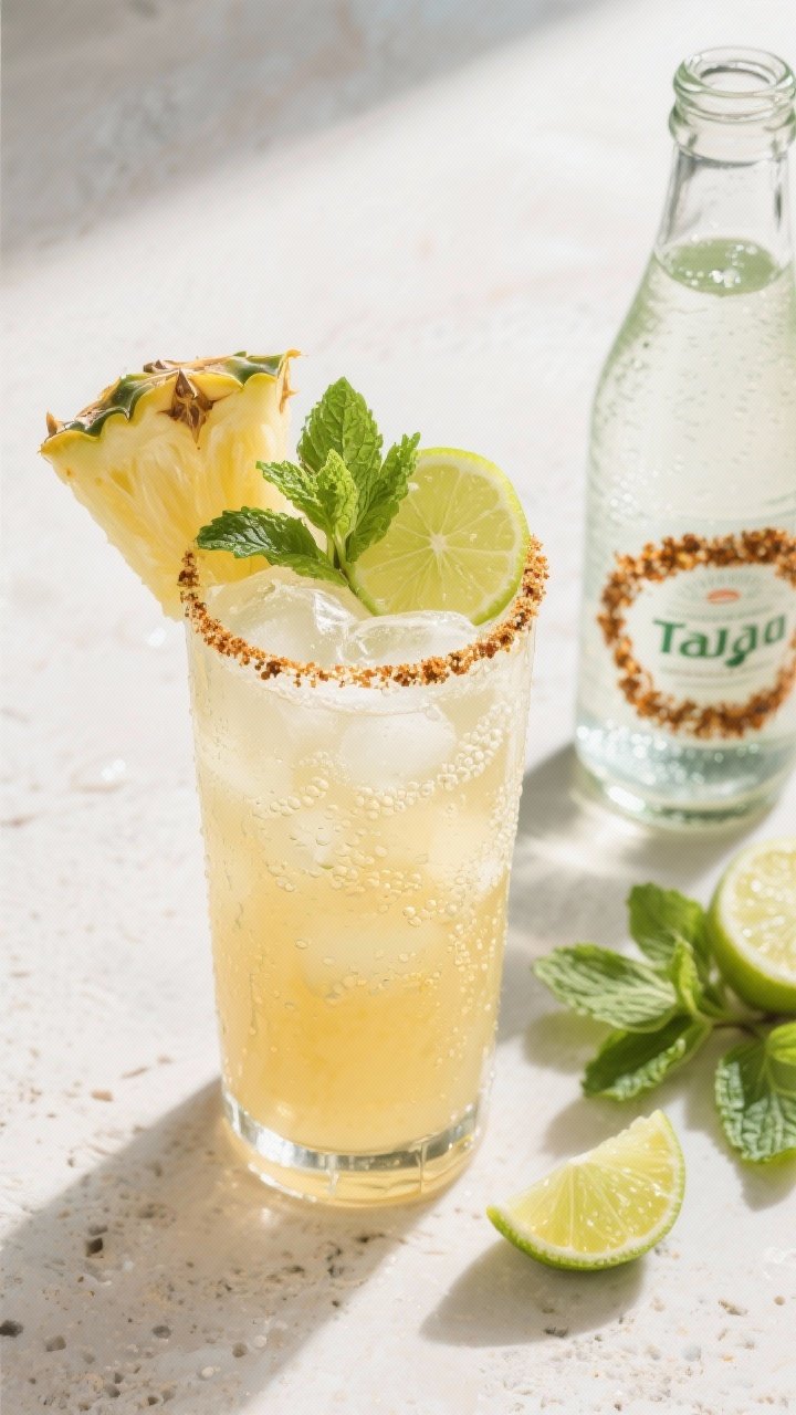 Overhead final presentation of a tall glass of Homemade Pineapple Soda packed with ice, effervescent